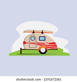 Camping trailer caravan, vintage retro design illustration vector.House on wheels. Transport trailer flat vector. travel house