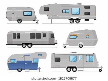 Camping trailer collection. Rv camping trailer, travel mobile home, camper caravan vector object isolated set. Recreational vehicle car wagon illustration. Touristic transport item collection