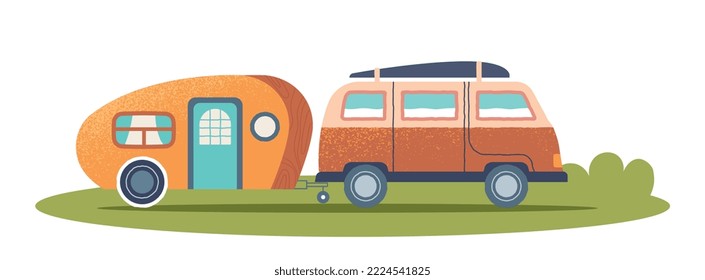 Camping trailer concept. Car with trailer in clearing, travel, adventure and tourism. Mobile home, comfort. Poster or banner for website. Hiking and leisure outdoor. Cartoon flat vector illustration