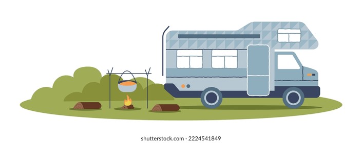 Camping trailer concept. Large gray van stands by campfire, active lifestyle and recreation. Poster or banner for website hiking and weekend outdoors, sports. Cartoon flat vector illustration