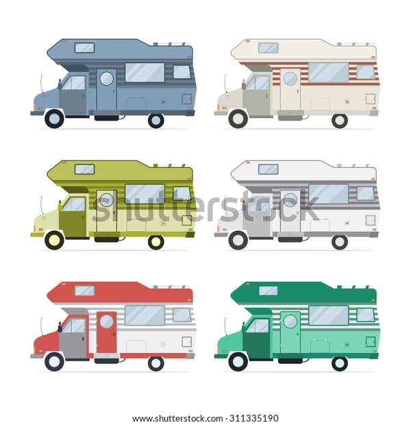 Camping trailer family\
caravan collection. Set of recolored traveler truck camper flat\
style icons isolated on white. Vector vacation traveler truck\
motorhome RV\
illustration.