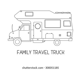 Camping trailer family caravan. Traveler truck camper outline icon in thin line design. Vector flat vacation RV illustration isolated on white background. Motorhome trailer bus illustration.
