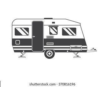 Camping trailer family caravan. Traveler truck camper outline icon in thin line design. Vector flat vacation RV illustration isolated on white background