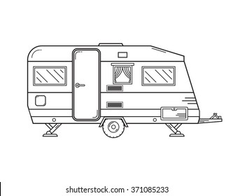 Camping trailer family caravan. Traveler truck camper outline icon in thin line design. Vector flat vacation RV illustration isolated on white background
