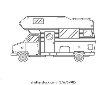 Camping trailer family caravan. Traveler truck camper outline icon in thin line design. Vector flat vacation RV illustration isolated on white background