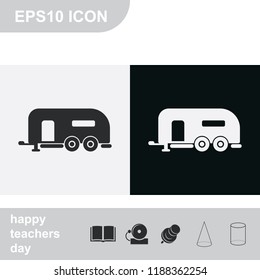 Camping trailer flat black and white vector icon.