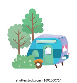 camping trailer flowers bush trees grass cartoon vector illustration