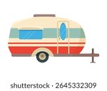 Camping trailer , Forest travel. Flat vector clipart, illustration with isolated background.