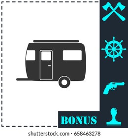Camping trailer house icon flat. Simple vector symbol and bonus icon