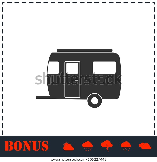 Camping trailer house icon flat. Simple vector\
symbol and bonus icon