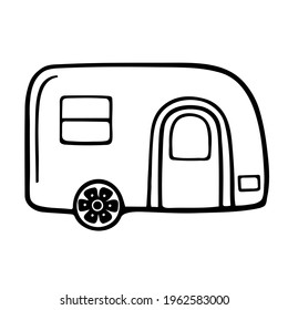 Icono del remolque de camping, estilo de contorno aislado en fondo blanco.