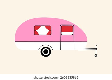 Camping trailer illustration – colorful vector trailer for outdoor adventure, hiking, travel, summer vacation, campsite, nature tourism, or wilderness exploration design themes. Flat cartoon style.