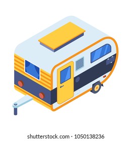 Camping trailer isometric illustration. Family motorhome in 3d perspective. RV camper icon in isometry style.
