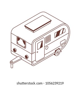 Camping trailer isometric illustration in line art. Family motorhome in 3d perspective. RV camper linear icon in isometry style.