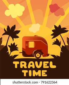Camping trailer on bright orange sunset background with palm trees. Travel illustration