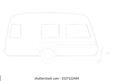 Camping trailer outline isolated on white background. Side view. Vector illustration.