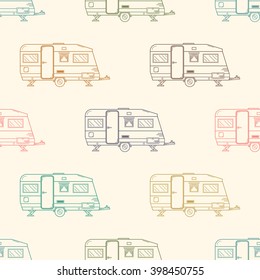 Camping trailer outline seamless pattern. Auto travel thin line repeating background for textile, web banners and t-shirts. Linear rv camper vector pattern.