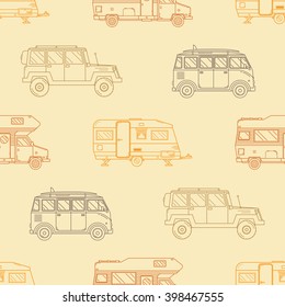 Camping trailer outline seamless pattern. Auto travel thin line repeating background for textile, web banners and t-shirts. Linear rv camper vector pattern in vintage colors. Bus, SUV, car.