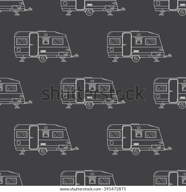 Camping trailer\
outline seamless pattern. Auto travel thin line repeating\
background for textile, web banners and t-shirts. Line art rv\
vector pattern in black and white\
colors.