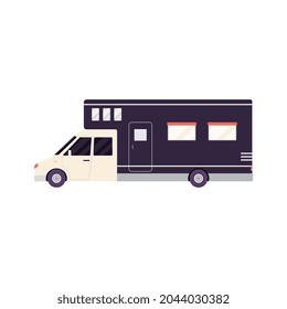 Camping trailer or recreation vehicle cartoon icon, flat vector illustration isolated on white background. Camping van side view for travel and outdoor vacation.