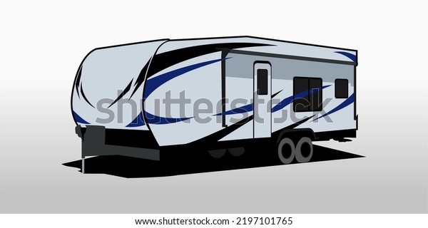 Camping trailer. Rv
camping trailer, travel mobile home, camper caravan vector object.
Recreational vehicle car wagon illustration. Touristic transport
item collection