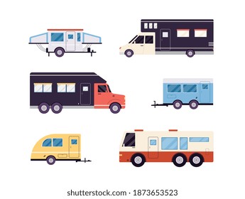 Camping trailer set. Trucks for travel, tourism and adventure in summer vacation. Icons of mobile road vehicles for campers family. Flat cartoon vector isolated illustrations.