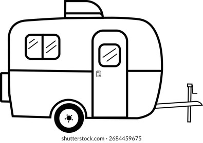 Camping trailer with a spare wheel at the back side view outline illustration. 