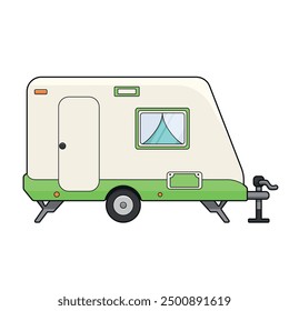 A camping trailer stands alone against a simple backdrop, showcasing its distinctive design and inviting appearance for outdoor journeys