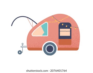 Camping Trailer Sticker. Colorful Icon With Mobile Home. Modern Vehicle For Hiking And Tourism. Design Element For Social Networks. Cartoon Flat Vector Illustration Isolated On White Background