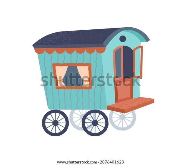 Camping trailer sticker. Colorful sticker with\
small van. Mobile home for hiking and traveling. Design element for\
postcards and covers. Cartoon flat vector illustration isolated on\
white background