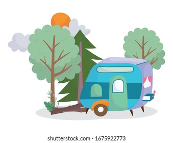 caricatura ilustrativa vectorial de las nubes solares del tronco de los árboles de camping