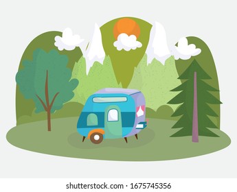 camping remolques montañas vacaciones sol actividades de aventura diseño vectorial ilustración