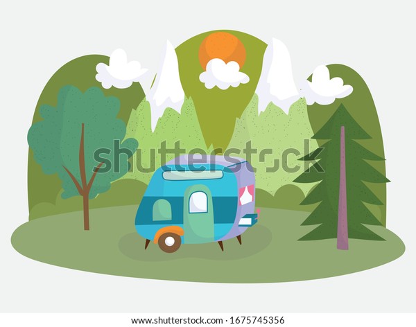 camping trailer trees mountains sun\
vacations activity adventure design vector\
illustration