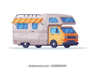Camping trailer truck with awning. Recreational vehicle van, mobile home on wheels vector illustration svg