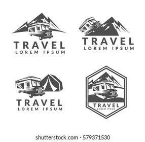 Camping Trailer Truck Logo. RV Cars, Vehicles Camper Vans Caravans Icon. Off-road Car Logo. Adventure, Travel, Expedition Sign. Suv Car Emblems, Badges. Mountains, Nature Sign.