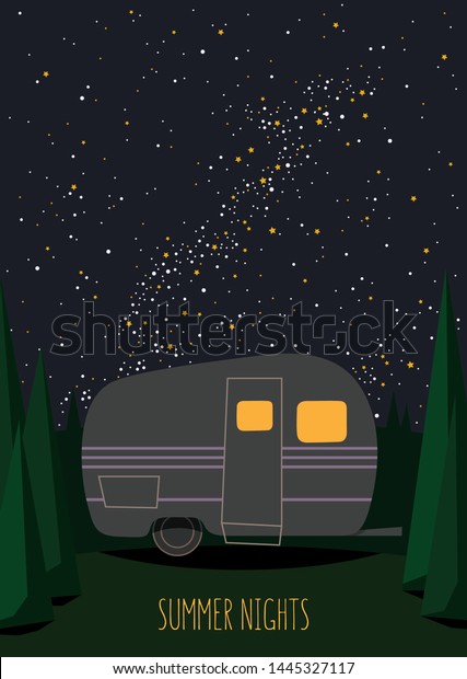Camping trailer under the\
stars sky 