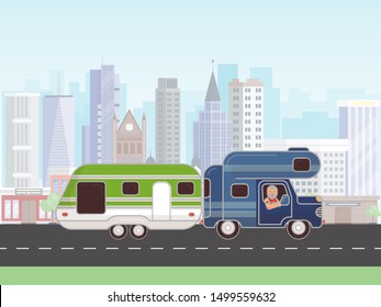 Camping trailer vector illustration. Car with caravan for camping in summer journey. Car camp trailer. RV with driver on the road in the city