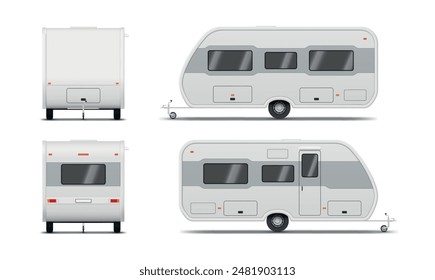 Camping Anhänger weiß RV Auto Freizeitfahrzeug vorne hinten Seitenansicht realistische Vektorillustration. Wohnwagen Sommerreise Urlaub LKW Caravan Transport für aktive Freizeit Lifestyle