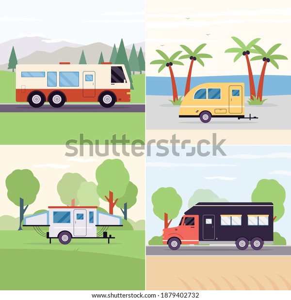 Camping trailers\
for outdoor summer vacation, travel, tourism and adventure. A set\
of motorhome trucks on road trip and nature landscape. Vector flat\
illustrations.