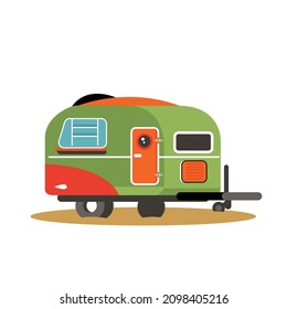 Camping trailers and rv car. Vector camper, camper caravan and house truck icon isolated on white background. Recreation vehicle travel holiday tour and vacation concept vector illustration.