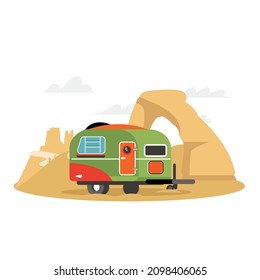 Campinganhänger und Autos. Vektorcamper, Wohnwagen auf dem Campingplatz und LKW-Symbol einzeln auf weißem Wüstenhintergrund. Urlaubs- und Abenteuerreise mit dem Freizeitfahrzeug Vektorgrafik.