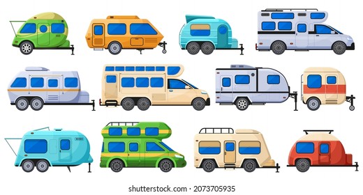 Camping trailers, tourism road home, rv cars and camper vehicles. Road trucks, outdoor vacation caravan cars vector flat illustration set. Tourism motorhomes and trailer home to travel