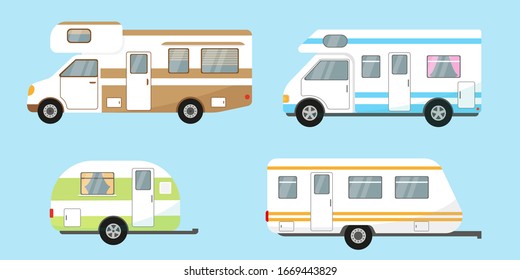Camping trailers, travel mobile homes or caravan set on blue background. Vector illustration.