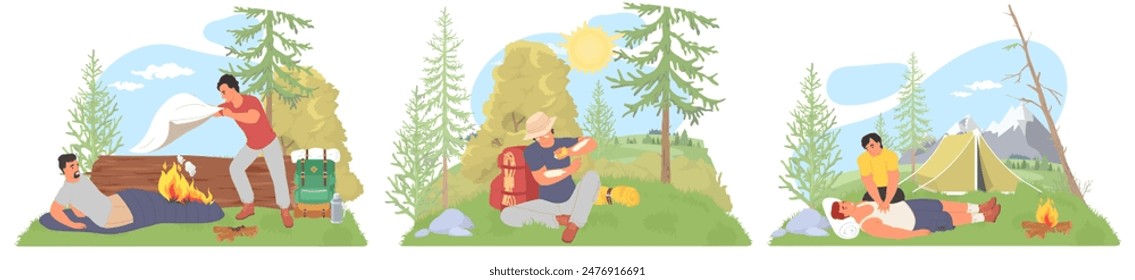 Camping travel accident and bad situation vector illustration