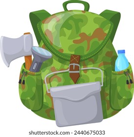 Camping travel backpack. Cartoon hiking trip equipment isolated on white background