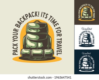 Camping of travel backpack emblem for design or t-shirt print with bag for traveler. Colored set