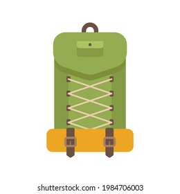 Camping travel backpack for outdoors adventure. Flat vector illustration isolated on white background. Tourist equipment for fishing or hiking