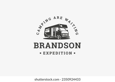 Camping travel bus journey trip expedition summer vacation van minimal logo design template isometric vector illustration. Camper truck recreation trailer adventure transportation auto camp emblem