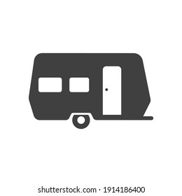 Camping, travel or camper trailer, caravan bold black silhouette icon isolated on white. Campervan, caravanette pictogram, logo. Motorhome, vehicle with sleep places vector element for web.