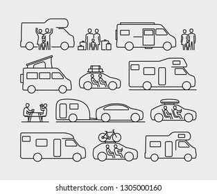 Camping Travel Cars Vector Icons. Set of  Recreational Vehicles